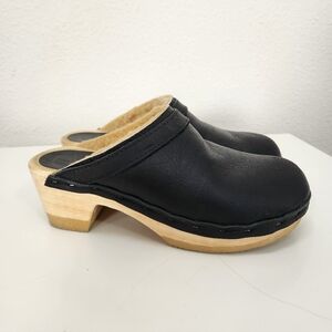 No.6 Dakota mid heel clog with sheepskin upper.